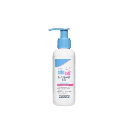 Sebamed massage oil bottle with pump on a white background