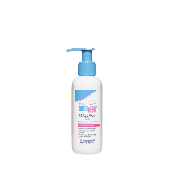 Sebamed massage oil bottle with pump on a white background