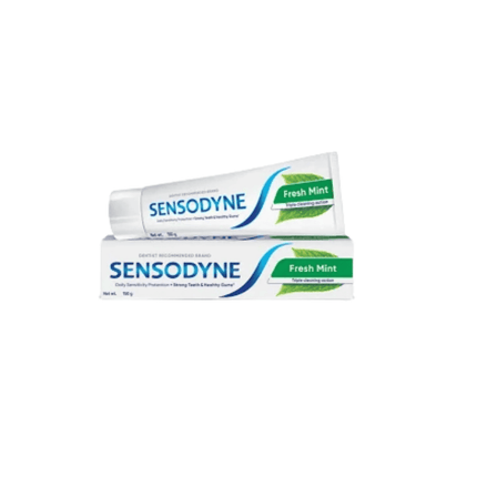 Two tubes of Sensodyne Fresh Mint toothpaste on a white background