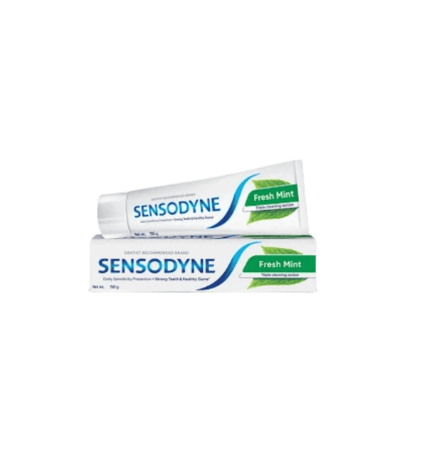 Two tubes of Sensodyne Fresh Mint toothpaste on a white background