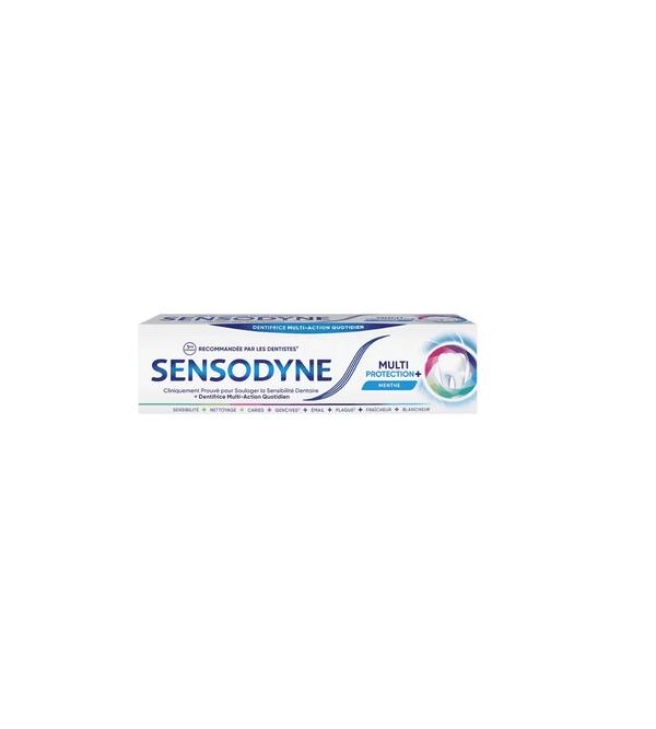 Sensodyne toothpaste tube on a white background