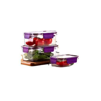 Set of glass food storage containers with purple lids on a white background