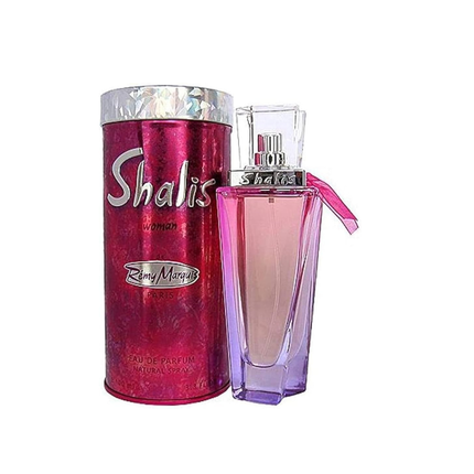 Two perfume bottles, one red and one purple, with 'Shalis' branding on a white background.