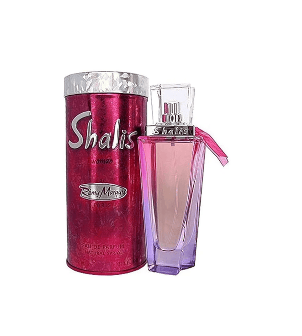 Two perfume bottles, one red and one purple, with 'Shalis' branding on a white background.