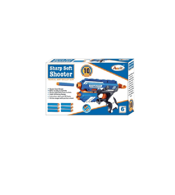 Box of a toy sharp soft shooter on a white background