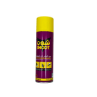 Insecticide spray can with yellow and purple design on a white background