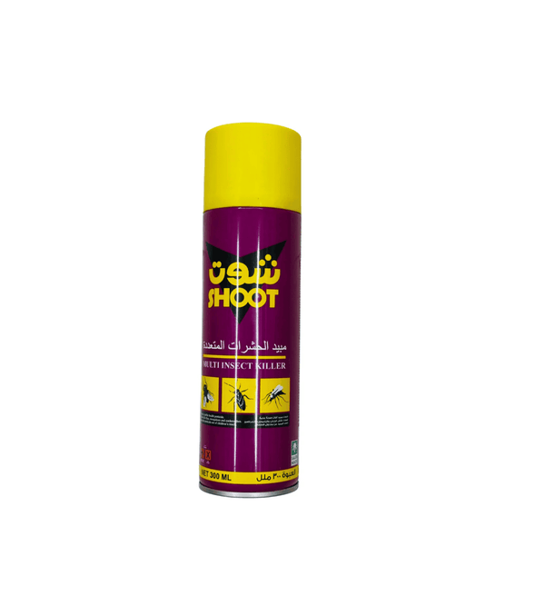 Insecticide spray can with yellow and purple design on a white background