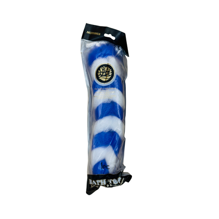 Blue and white striped bath toy with a black label on a white background