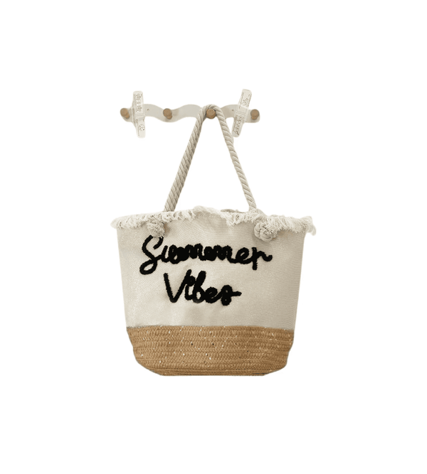 Woven basket with 'Summer Vibes' text and rope handles on a white background