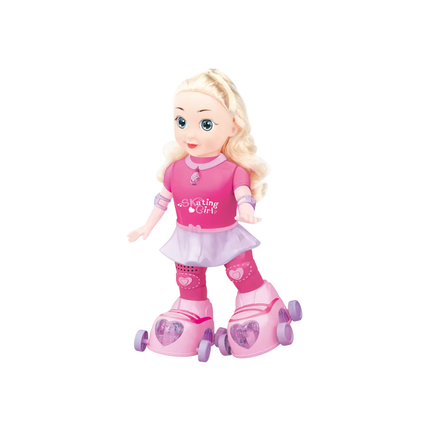 Toy doll with blonde hair wearing a pink outfit and roller skates on a white background