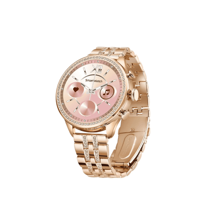 Rose gold smartwatch with a pink display on a white background