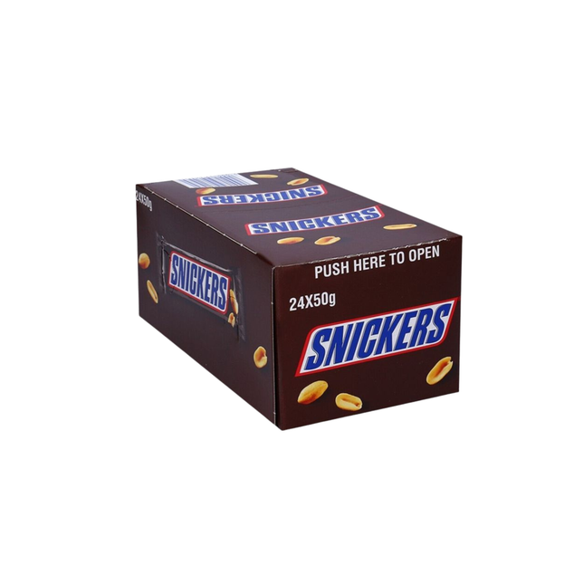 Box of Snickers chocolate bars on a white background
