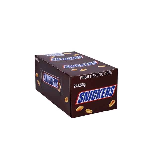 Box of Snickers chocolate bars on a white background
