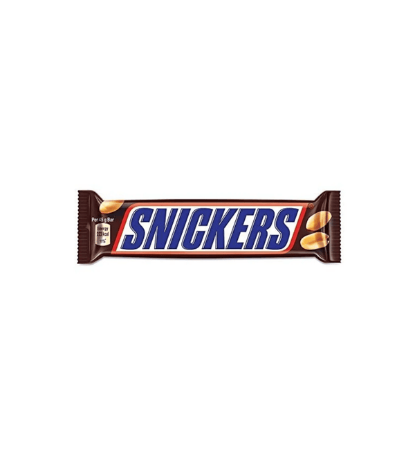 Snickers chocolate bar on a white background