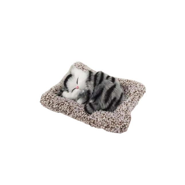 Cat toy shaped like a cat sleeping on a cushion with a white background