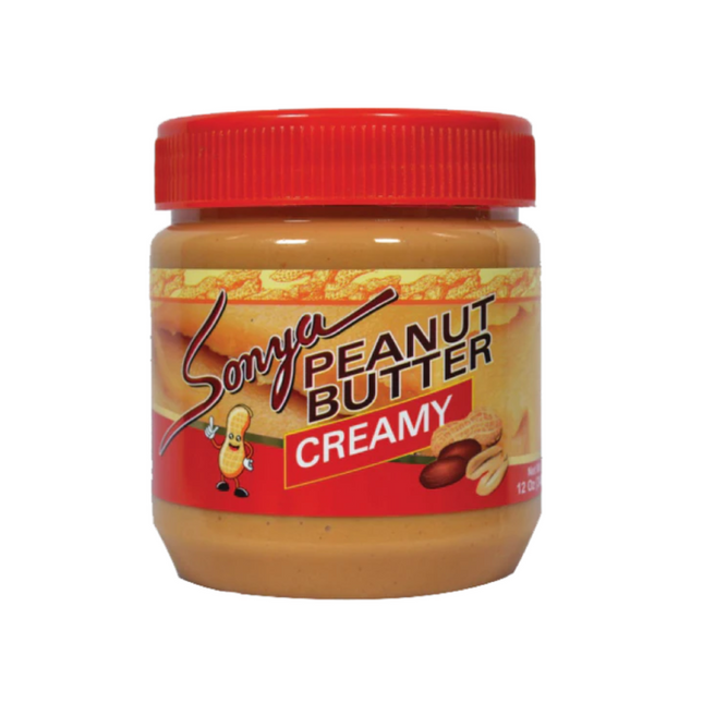 Jar of Sonya creamy peanut butter with a red lid on a white background