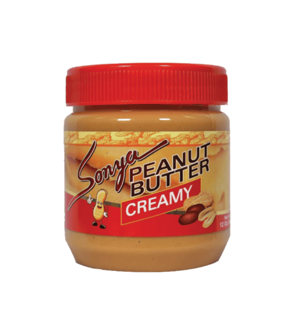 Jar of Sonya creamy peanut butter with a red lid on a white background