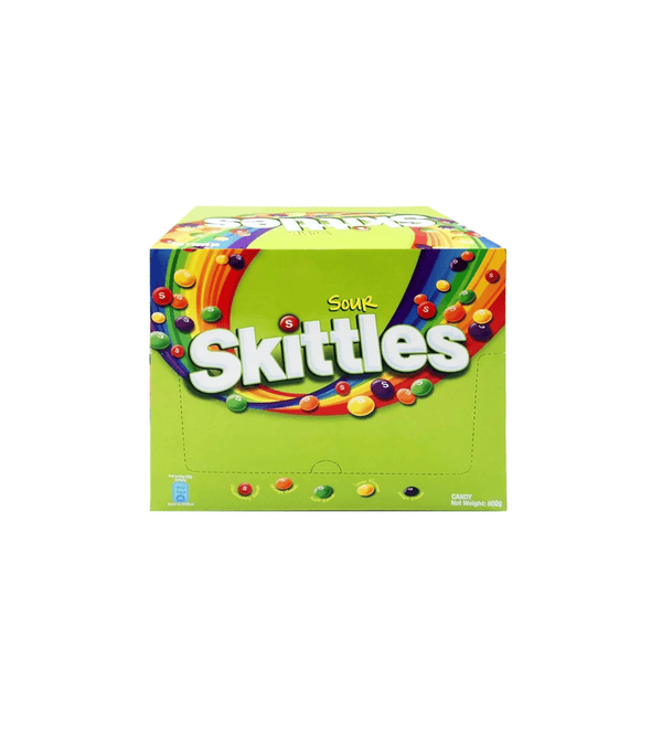Box of Sour Skittles candy on a white background