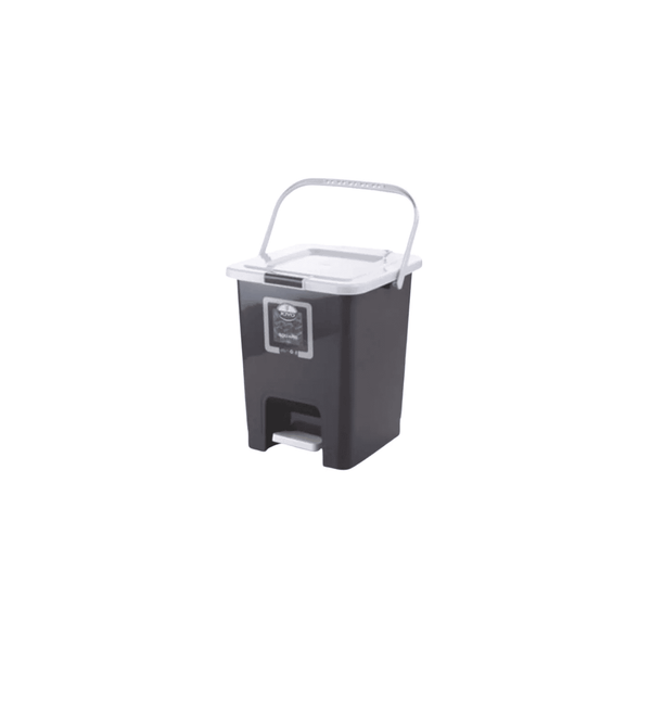 Gray step trash can with a white lid on a white background