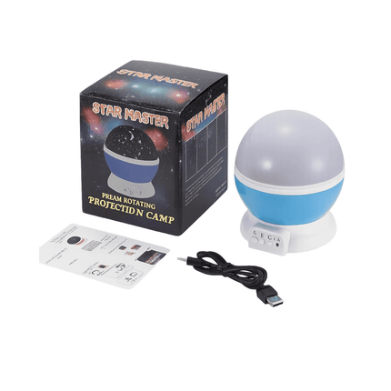 Star Master projection lamp with packaging, USB cable, and user manual on a white background