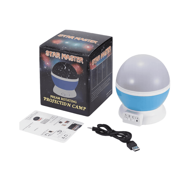 Star Master projection lamp with packaging, USB cable, and user manual on a white background