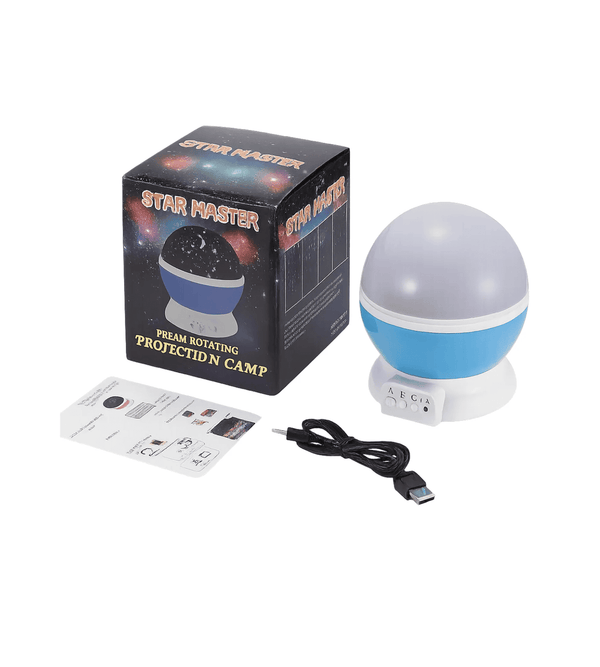 Star Master projection lamp with packaging, USB cable, and user manual on a white background