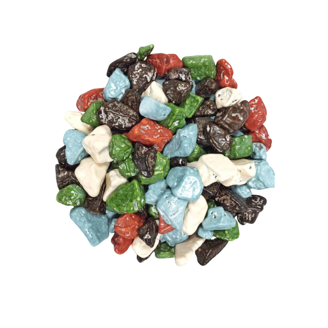 Colorful rock candy pieces on a white background