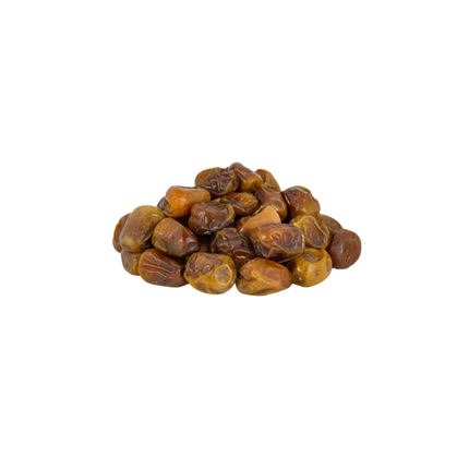 Pile of brown dates on a white background