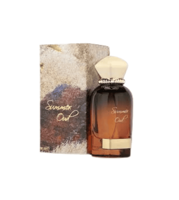 Perfume bottle labeled 'Summer Oud' with packaging on a white background
