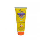 Sunblock cream tube with yellow and orange design on a white background