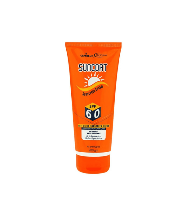 Orange tube of Suncare Sunscreen Cream SPF 60 on a white background