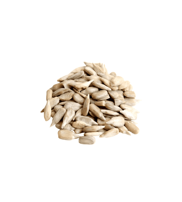 Pile of sunflower seeds on a white background
