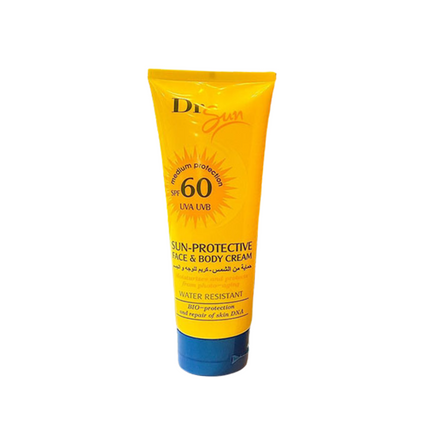 Sun-protective face and body cream tube with SPF 60 on a white background