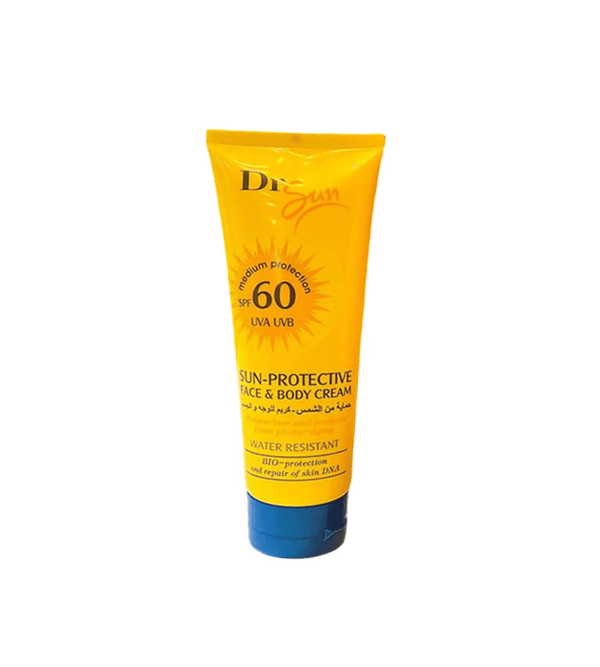 Sun-protective face and body cream tube with SPF 60 on a white background