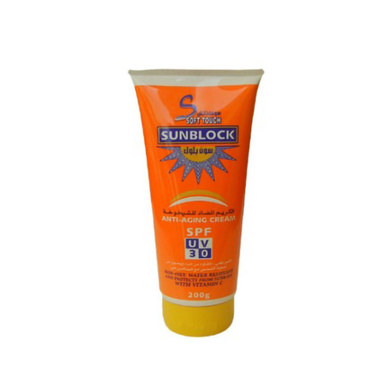Sunblock cream tube with SPF UV 30 on a white background