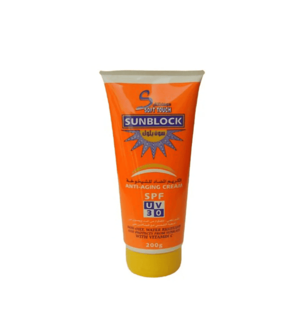 Sunblock cream tube with SPF UV 30 on a white background