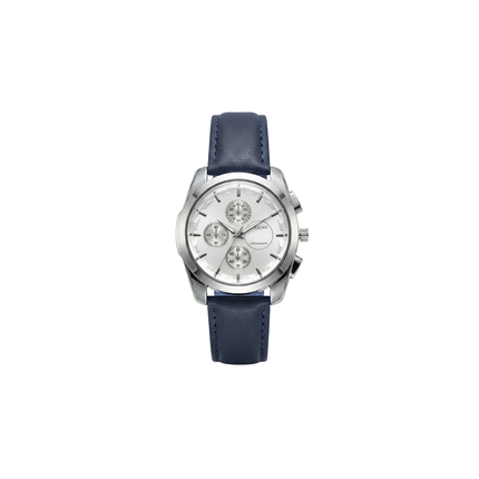 Watch with blue strap and silver case on a white background