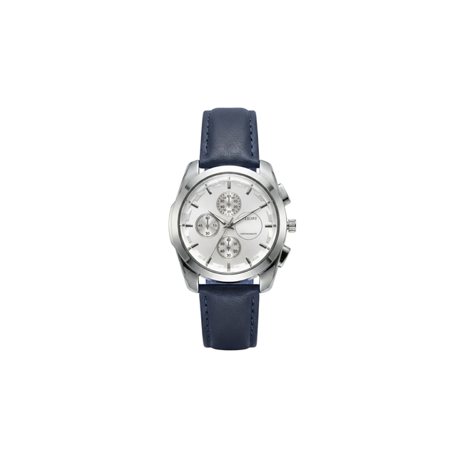 Watch with blue strap and silver case on a white background