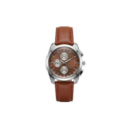 Watch with brown leather strap and brown dial on a white background