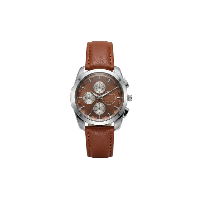 Watch with brown leather strap and brown dial on a white background