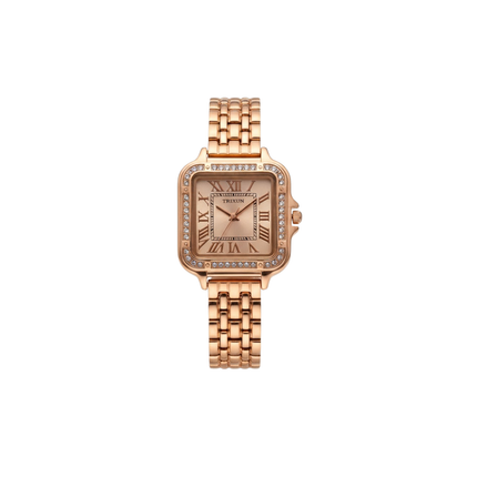 Rose gold watch with diamond accents on a white background