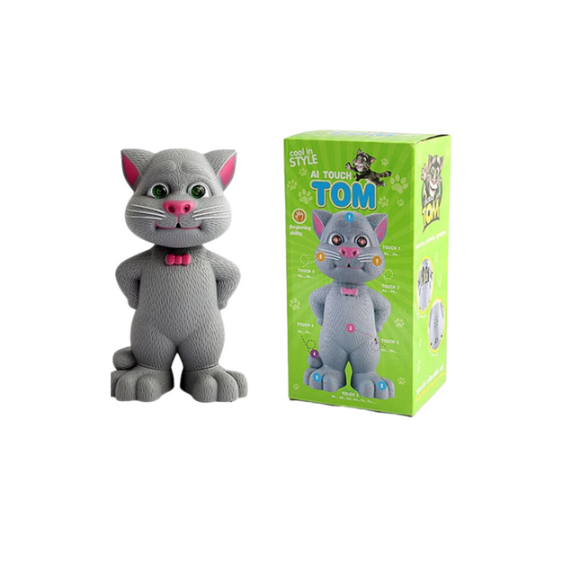 Plush toy cat with a green box featuring the same design on a white background