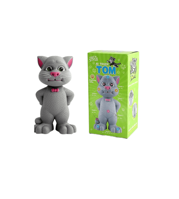 Plush toy cat with a green box featuring the same design on a white background