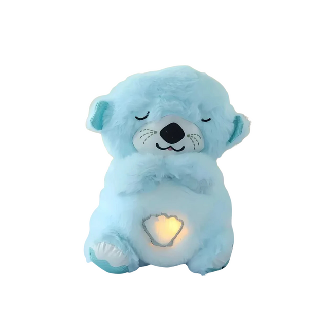 Blue teddy bear plush toy with a heart light on a white background
