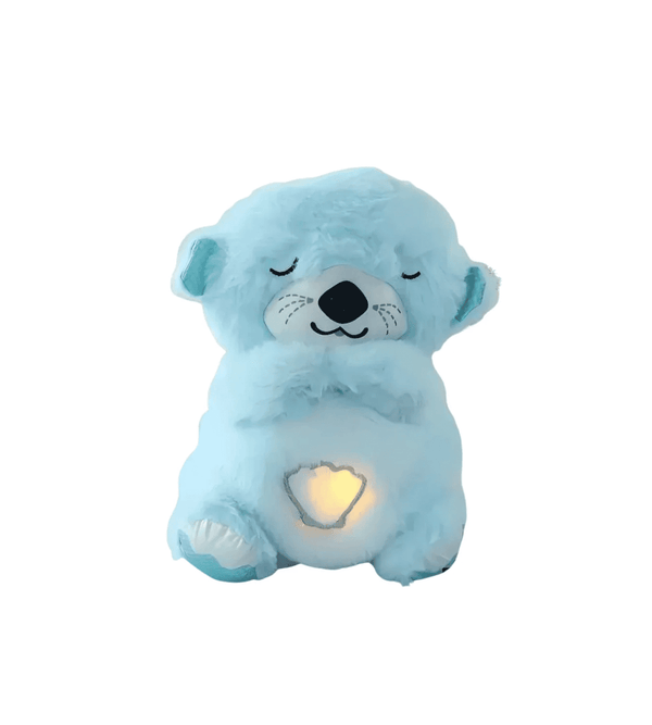 Blue teddy bear plush toy with a heart light on a white background