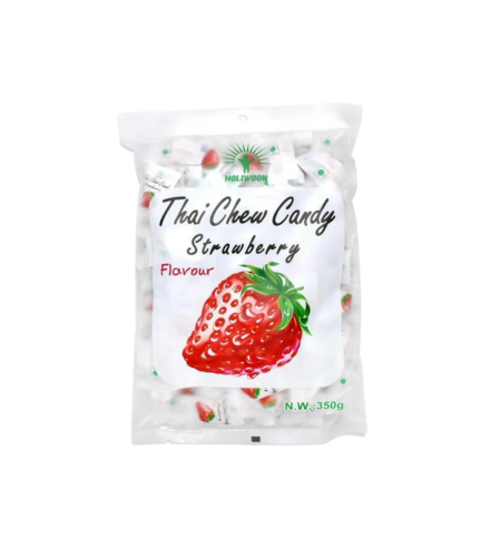 Packaging of Thai Chew Candy Strawberry Flavour on a white background