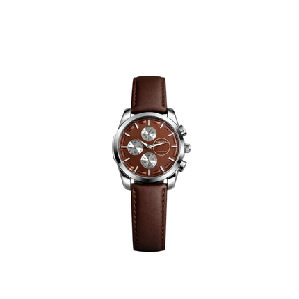 Watch with brown leather strap and brown dial on a white background