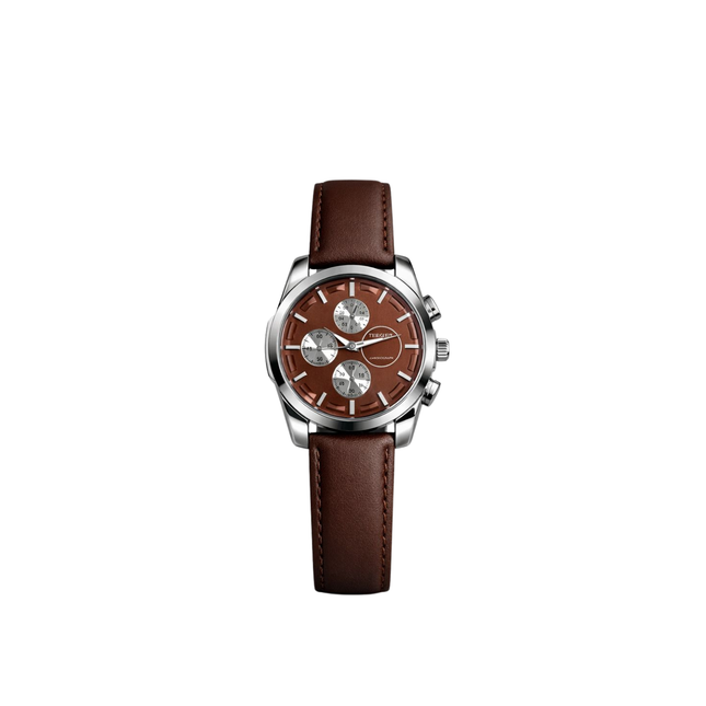 Watch with brown leather strap and brown dial on a white background