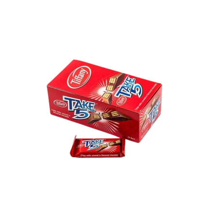 Red box of Tiffany Take 5 candy bars on a white background