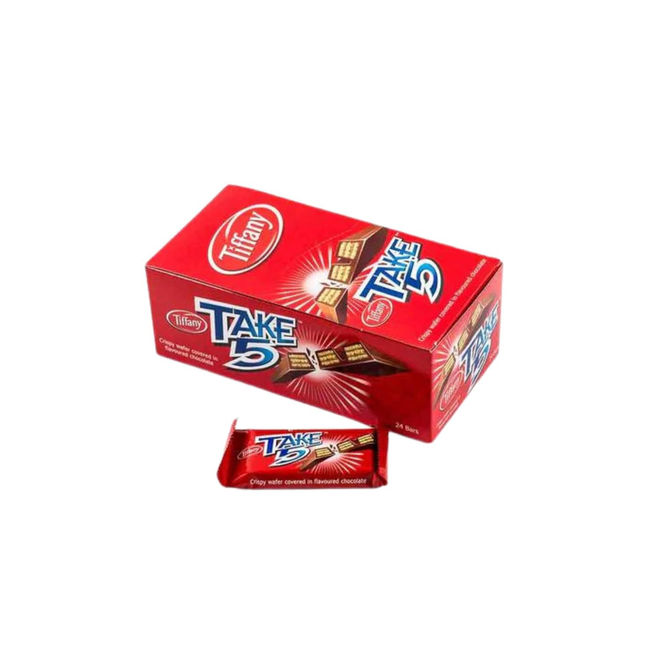 Red box of Tiffany Take 5 candy bars on a white background